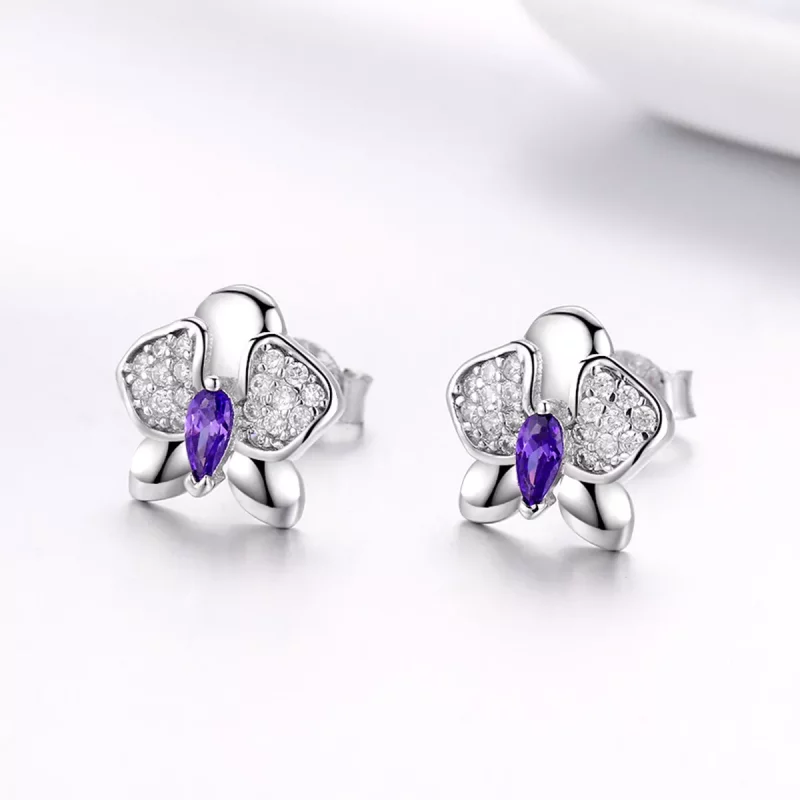 (imagen para) Pendientes estilo Pandora de plata con forma de orquídea y mariposa - BSE036 - Ver 2