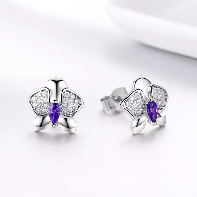 (imagen para) Pendientes estilo Pandora de plata con forma de orquídea y mariposa - BSE036 - Ver 3