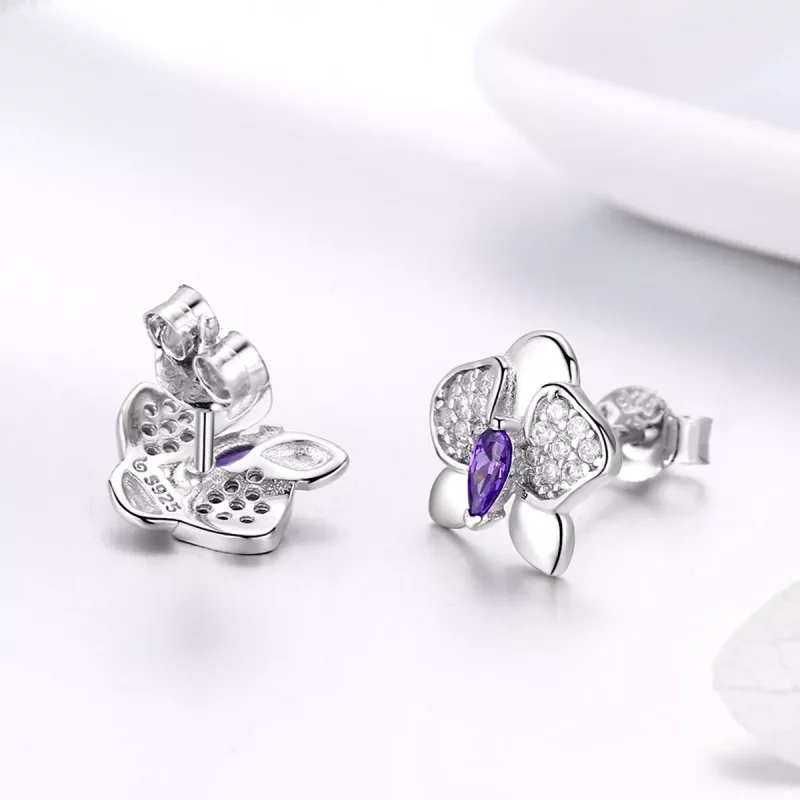 (imagen para) Pendientes estilo Pandora de plata con forma de orquídea y mariposa - BSE036 - Ver 4