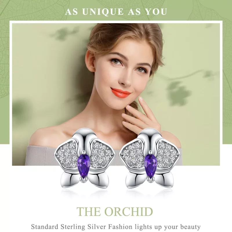 (imagen para) Pendientes estilo Pandora de plata con forma de orquídea y mariposa - BSE036 - Ver 6
