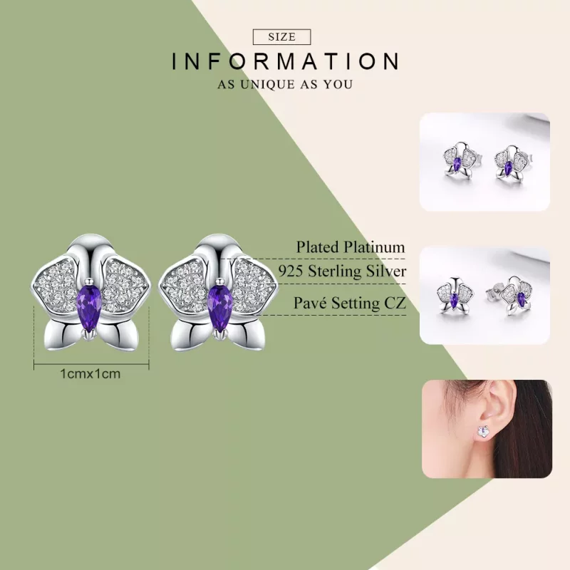 (imagen para) Pendientes estilo Pandora de plata con forma de orquídea y mariposa - BSE036 - Ver 7