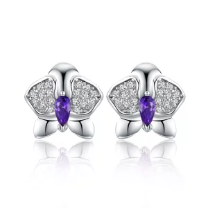 (imagen para) Pendientes estilo Pandora de plata con forma de orquídea y mariposa - BSE036