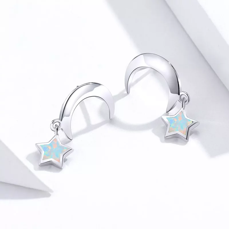 (imagen para) Estilo Pandora Aretes Colgantes de Luna y Estrella con Ópalo - SCE707 - Ver 2