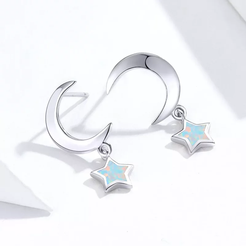 (imagen para) Estilo Pandora Aretes Colgantes de Luna y Estrella con Ópalo - SCE707 - Ver 3