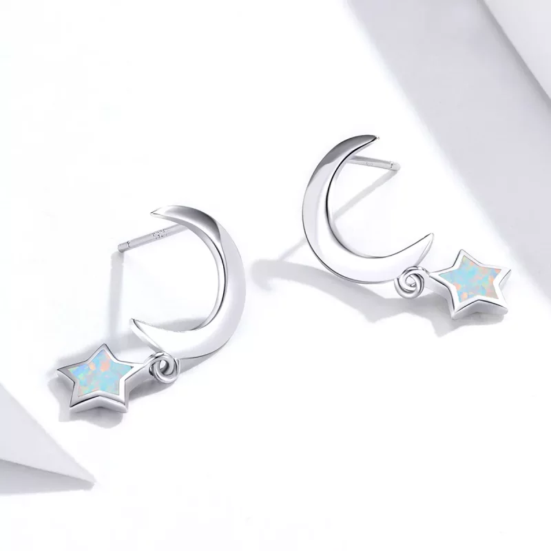 (imagen para) Estilo Pandora Aretes Colgantes de Luna y Estrella con Ópalo - SCE707 - Ver 4