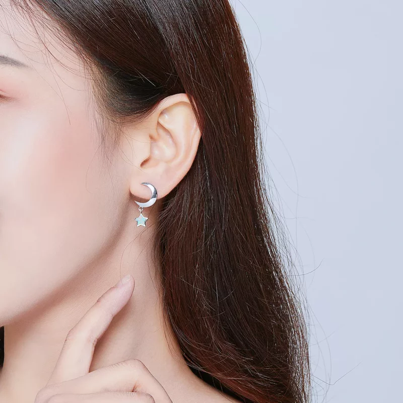 (imagen para) Estilo Pandora Aretes Colgantes de Luna y Estrella con Ópalo - SCE707 - Ver 5