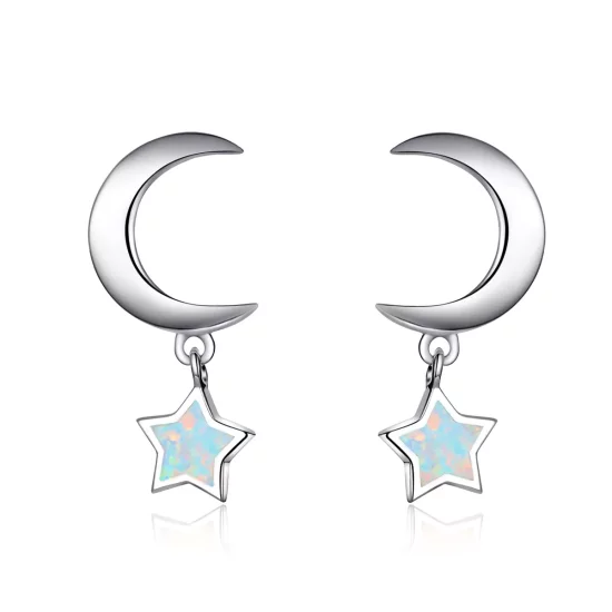 (imagen para) Estilo Pandora Aretes Colgantes de Luna y Estrella con Ópalo - SCE707