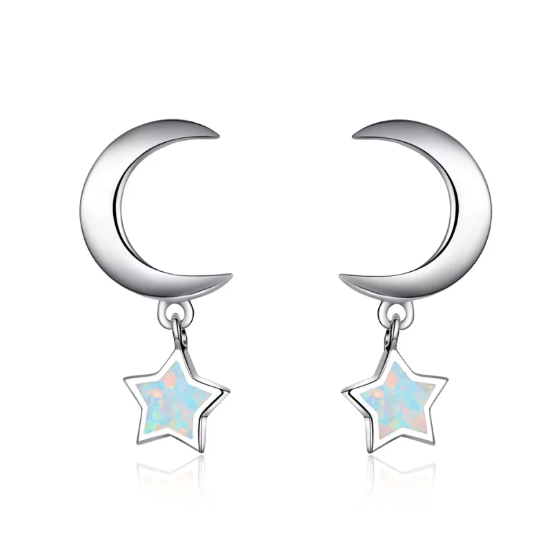 (imagen para) Estilo Pandora Aretes Colgantes de Luna y Estrella con Ópalo - SCE707