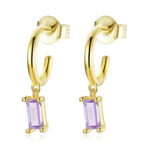(imagen para) Estilo Pandora Brillante Circonio Cúbico - Pendientes Colgantes Violeta - SCE1242-VT