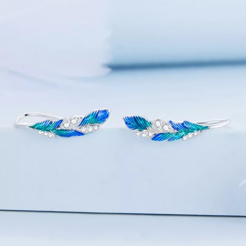 (imagen para) Estilo Pandora, deslumbrantes pendientes colgantes de pluma azul - BSE707 - Ver 2