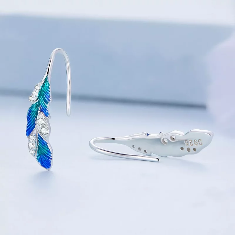 (imagen para) Estilo Pandora, deslumbrantes pendientes colgantes de pluma azul - BSE707 - Ver 3