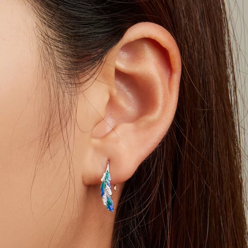 (imagen para) Estilo Pandora, deslumbrantes pendientes colgantes de pluma azul - BSE707 - Ver 5