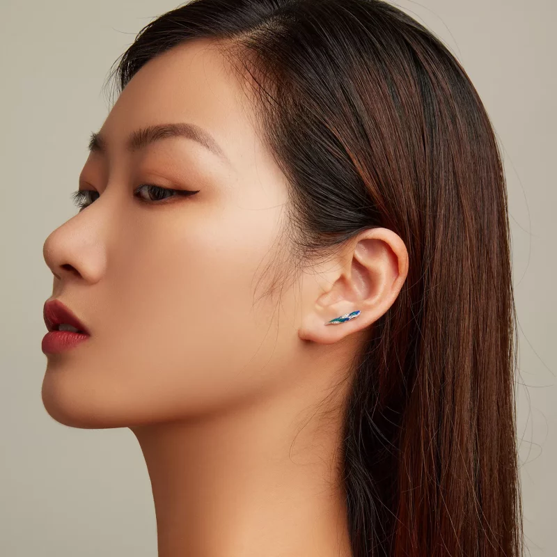 (imagen para) Estilo Pandora, deslumbrantes pendientes colgantes de pluma azul - BSE707 - Ver 6