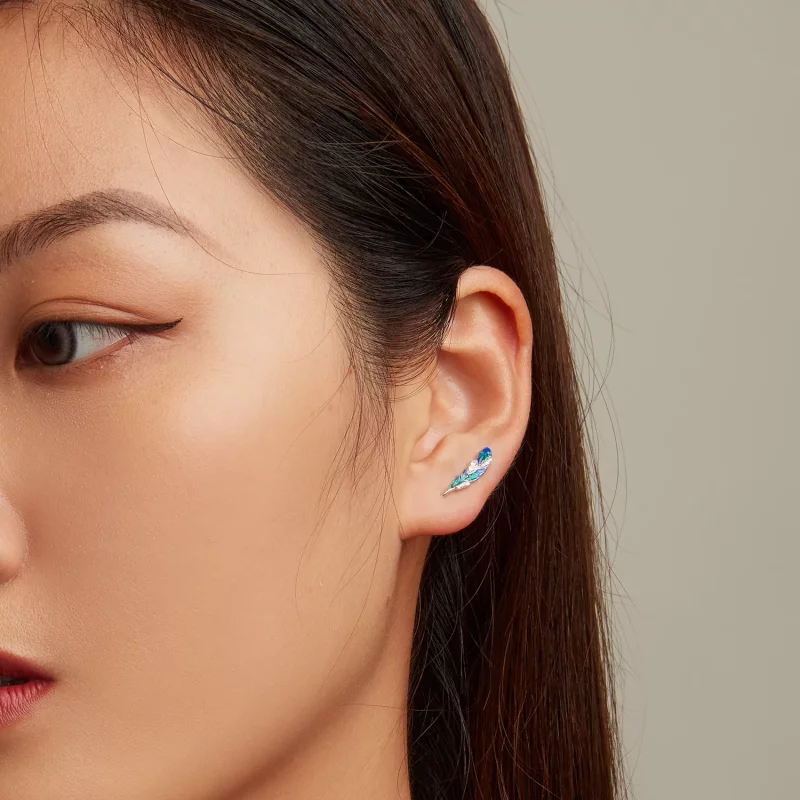 (imagen para) Estilo Pandora, deslumbrantes pendientes colgantes de pluma azul - BSE707 - Ver 7