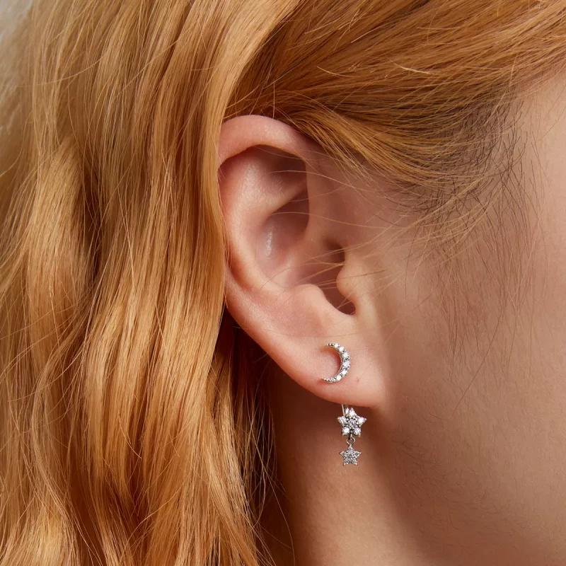 (imagen para) Estilo Pandora Exquisitos Pendientes Colgantes de Estrella y Luna - SCE1395 - Ver 5
