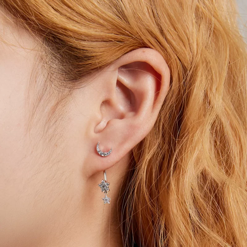 (imagen para) Estilo Pandora Exquisitos Pendientes Colgantes de Estrella y Luna - SCE1395 - Ver 6