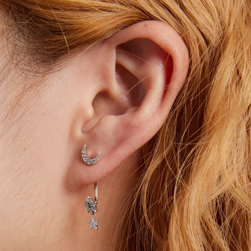 (imagen para) Estilo Pandora Exquisitos Pendientes Colgantes de Estrella y Luna - SCE1395 - Ver 7