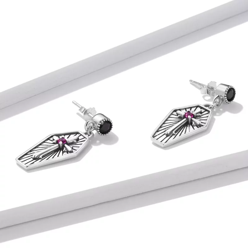 (imagen para) Estilo Pandora Misterio Cruz Aretes Colgantes - BSE536 - Ver 4