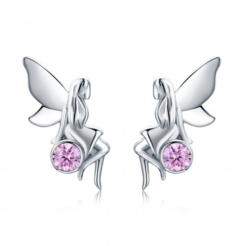 Pendientes de botón estilo Pandora de plata con hada de flores - SCE395