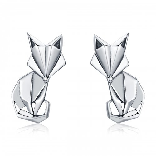 Pendientes de botón de plata estilo Pandora con diseño de zorro de origami - SCE526