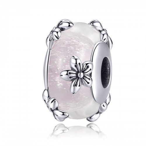 Charm de vidrio Murano de estilo Pandora plateado con Sakura - SCC1302