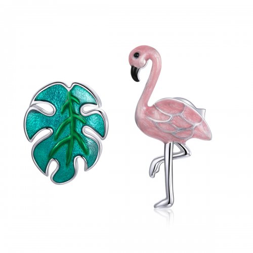Pendientes de botón estilo Pandora con hoja de plata y flamencos - SCE1124