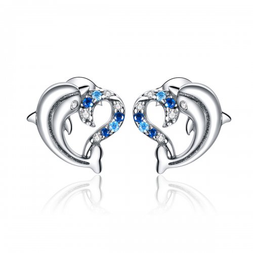 Pendientes de botón de estilo Pandora con delfines plateados - SCE930