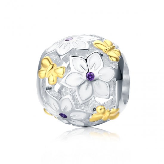 Charm estilo Pandora de dos tonos, con flores y mariposas - SCC546 - Haga click en la imagen para cerrar