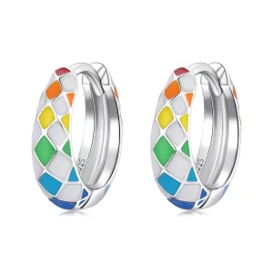 (imagen para) Arete de Aro Estilo Pandora con Tablero de Damas Arcoíris - SCE1351