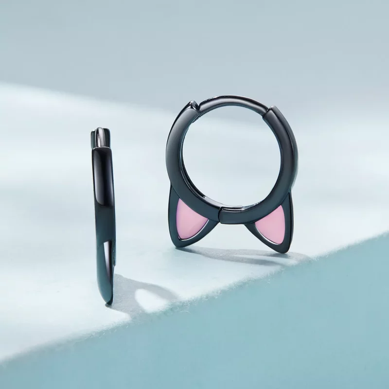 (imagen para) Aretes de argolla con estilo Pandora de orejas de gato negro - SCE1515 - Ver 2