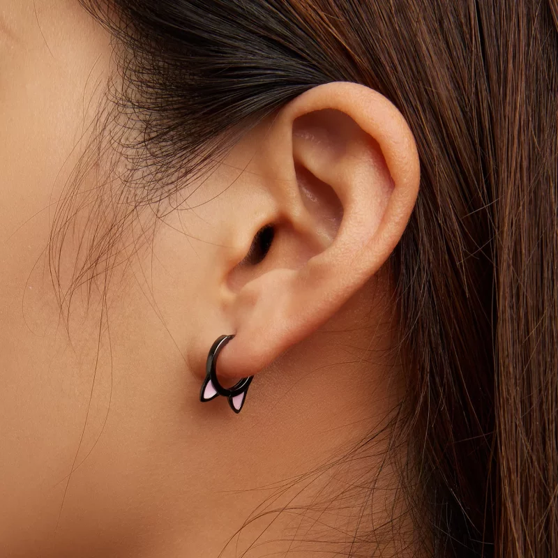 (imagen para) Aretes de argolla con estilo Pandora de orejas de gato negro - SCE1515 - Ver 7