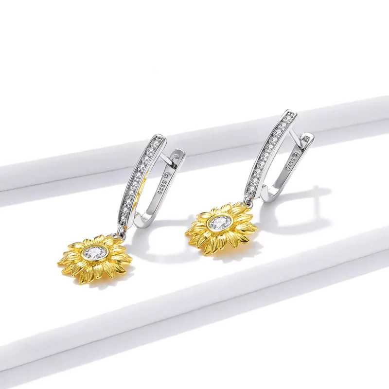(imagen para) Aretes de argolla estilo Pandora con flores de girasol - BSE469 - Ver 2