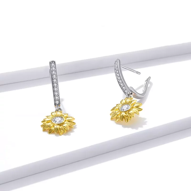 (imagen para) Aretes de argolla estilo Pandora con flores de girasol - BSE469 - Ver 3
