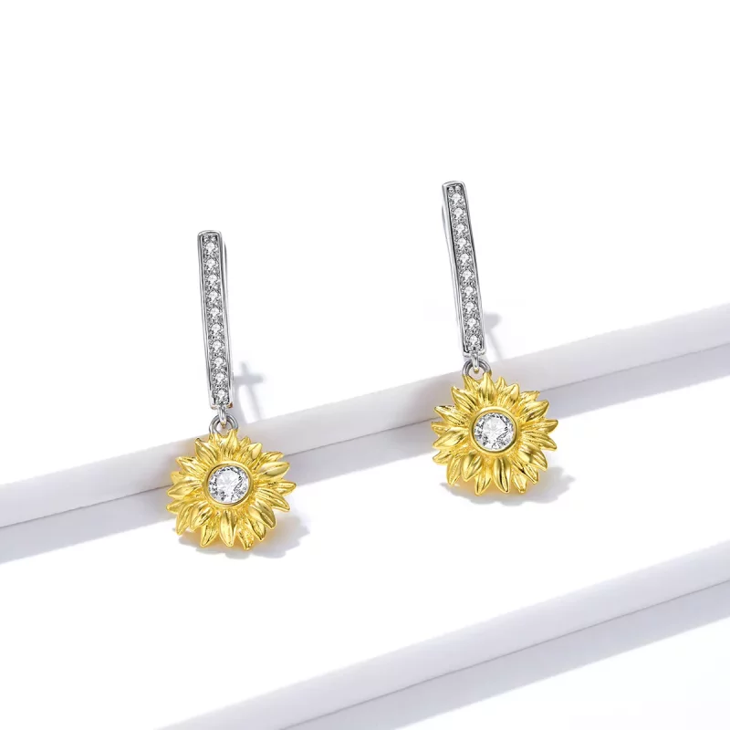 (imagen para) Aretes de argolla estilo Pandora con flores de girasol - BSE469 - Ver 4