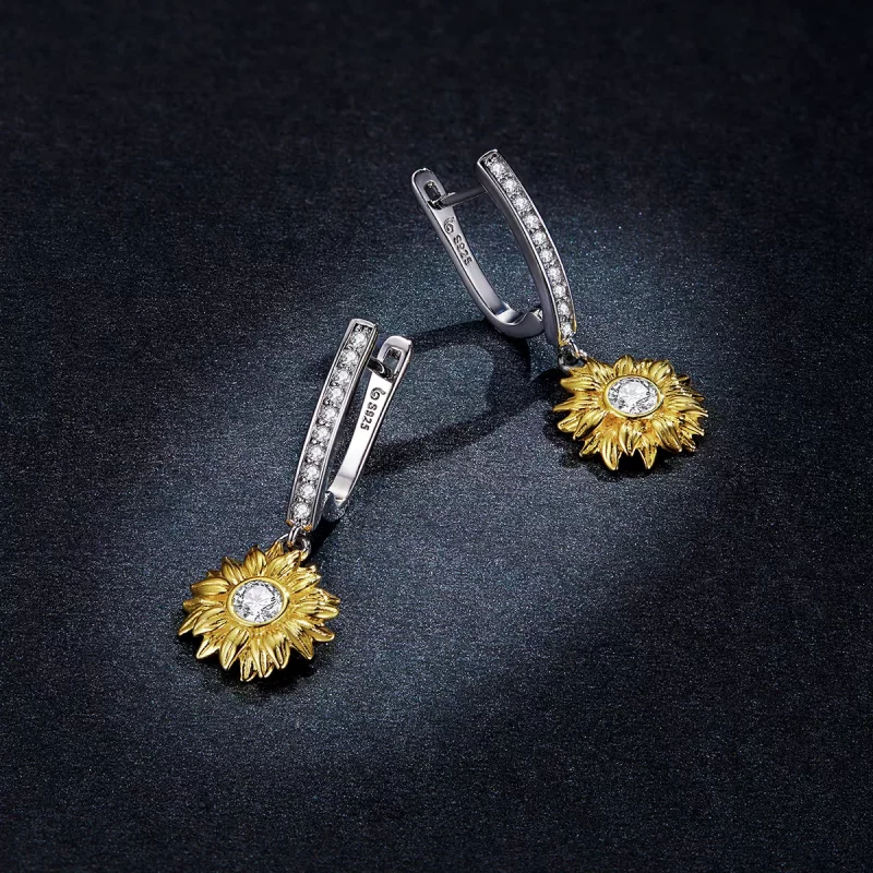(imagen para) Aretes de argolla estilo Pandora con flores de girasol - BSE469 - Ver 5