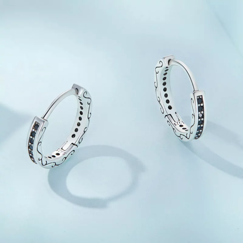 (imagen para) Aretes de Aro con Circonita Negra de Estilo Pandora - SCE1522 - Ver 3
