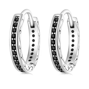 Aretes de Aro con Circonita Negra de Estilo Pandora - SCE1522 (imagen para) Aretes de Aro con Circonita Negra de Estilo Pandora - SCE1522