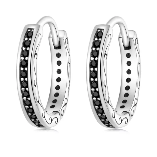 (imagen para) Aretes de Aro con Circonita Negra de Estilo Pandora - SCE1522