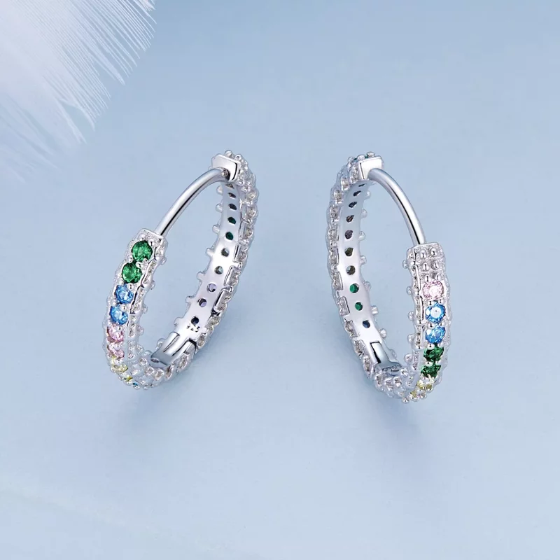 (imagen para) Aretes de aro estilo Pandora con patrón de color y circonio - BSE683 - Ver 3