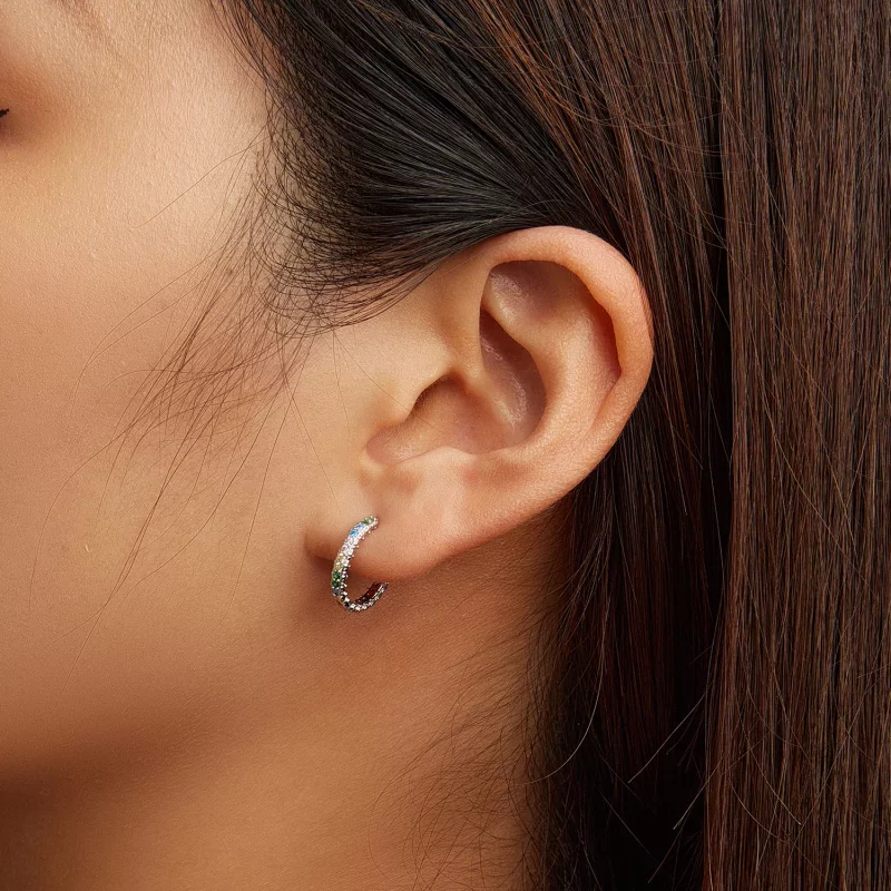 (imagen para) Aretes de aro estilo Pandora con patrón de color y circonio - BSE683 - Ver 6