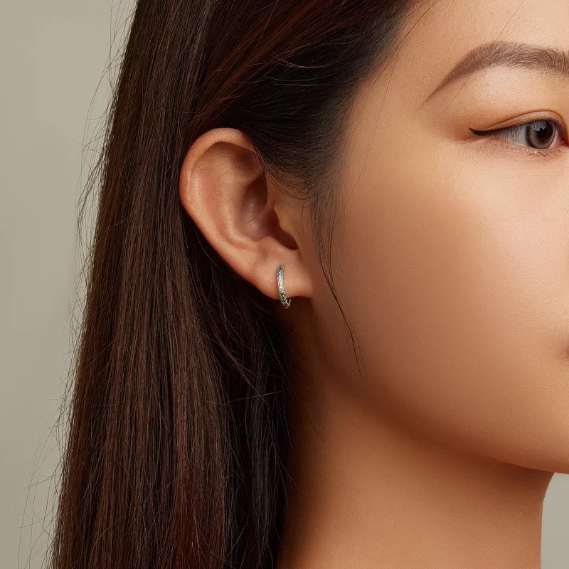 (imagen para) Aretes de aro estilo Pandora con patrón de color y circonio - BSE683 - Ver 7