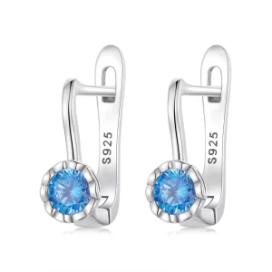 Aros de aro simples estilo Pandora con circonio azul - BSE686 (imagen para) Aros de aro simples estilo Pandora con circonio azul - BSE686