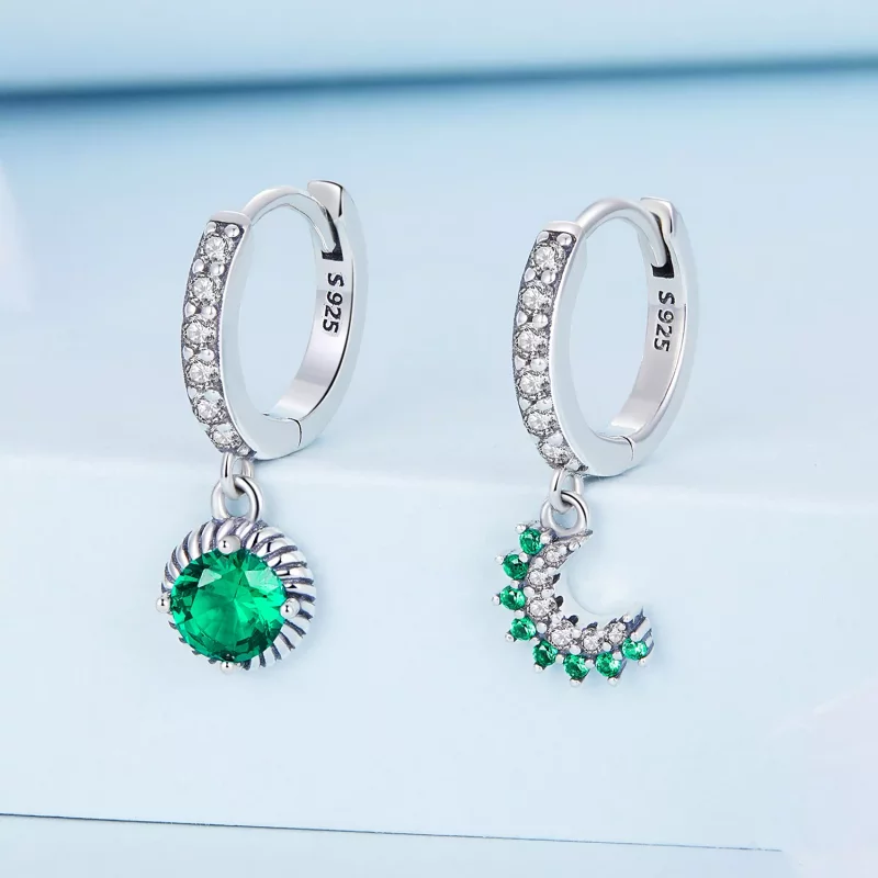 (imagen para) Estilo Pandora Pendientes de Aro Asimétricos Sol y Luna - BSE705 - Ver 2