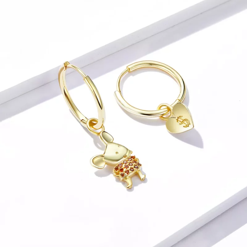 (imagen para) Pendientes de Aro con Rata de la Suerte y Corazón en Estilo Pandora - BSE344-L - Ver 2