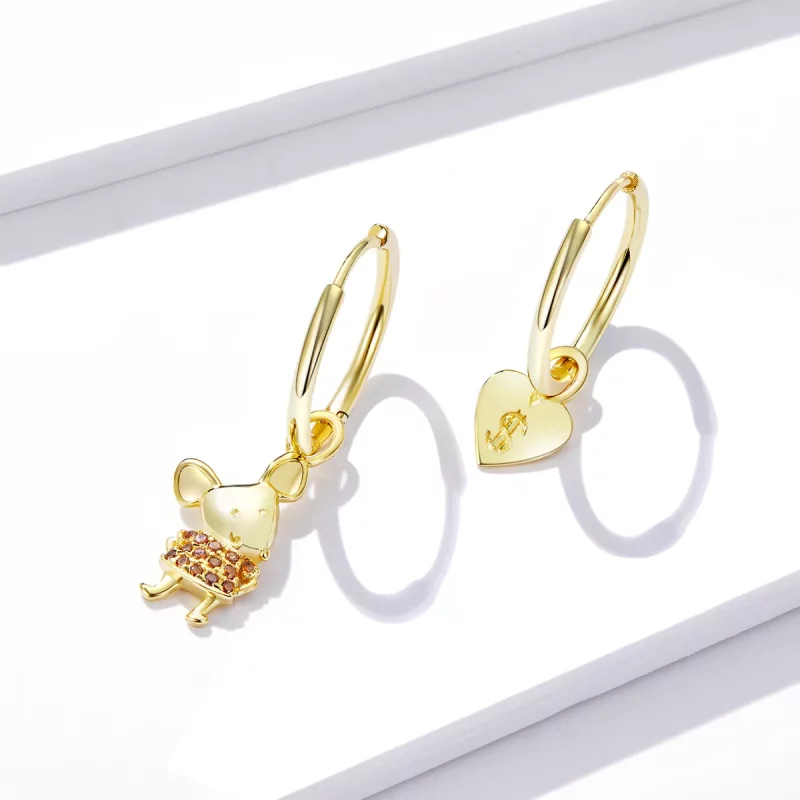 (imagen para) Pendientes de Aro con Rata de la Suerte y Corazón en Estilo Pandora - BSE344-L - Ver 3