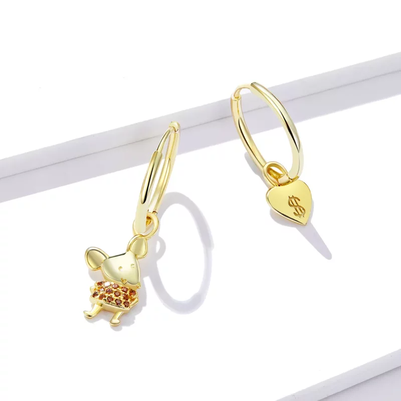 (imagen para) Pendientes de Aro con Rata de la Suerte y Corazón en Estilo Pandora - BSE344-L - Ver 4