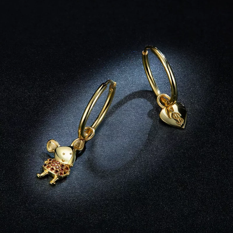 (imagen para) Pendientes de Aro con Rata de la Suerte y Corazón en Estilo Pandora - BSE344-L - Ver 5