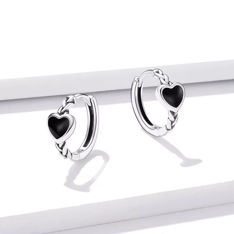 (imagen para) Pendientes de Aro en Forma de Corazón Negro Estilo Pandora - BSE456 - Ver 2