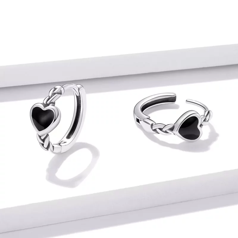 (imagen para) Pendientes de Aro en Forma de Corazón Negro Estilo Pandora - BSE456 - Ver 3