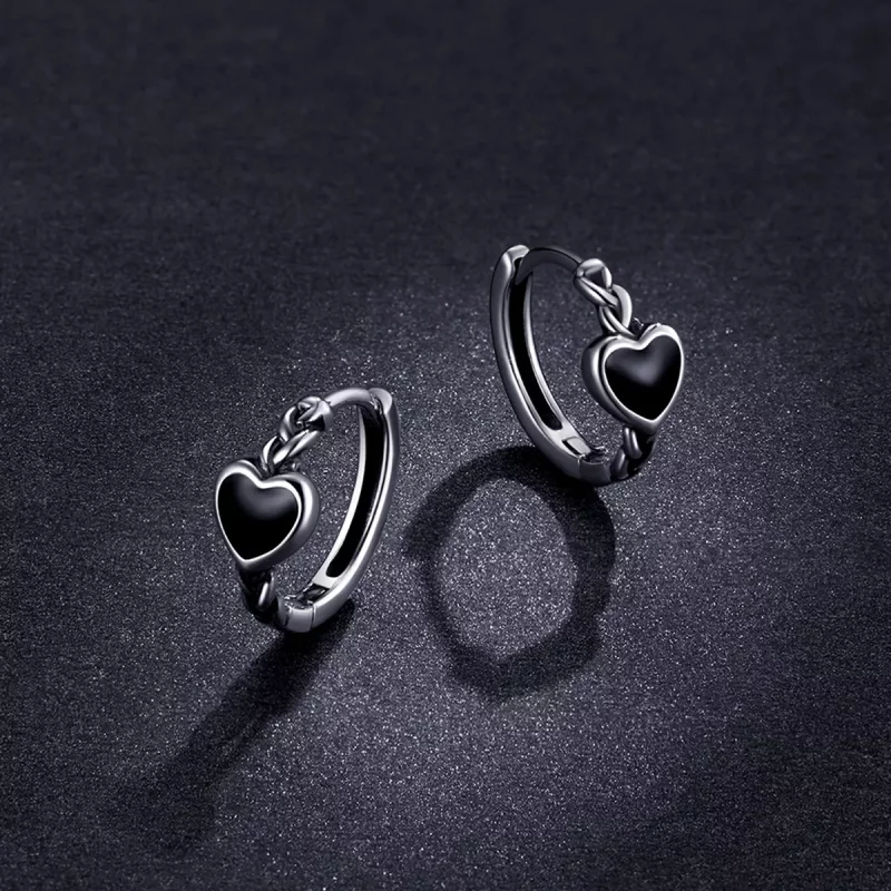 (imagen para) Pendientes de Aro en Forma de Corazón Negro Estilo Pandora - BSE456 - Ver 4